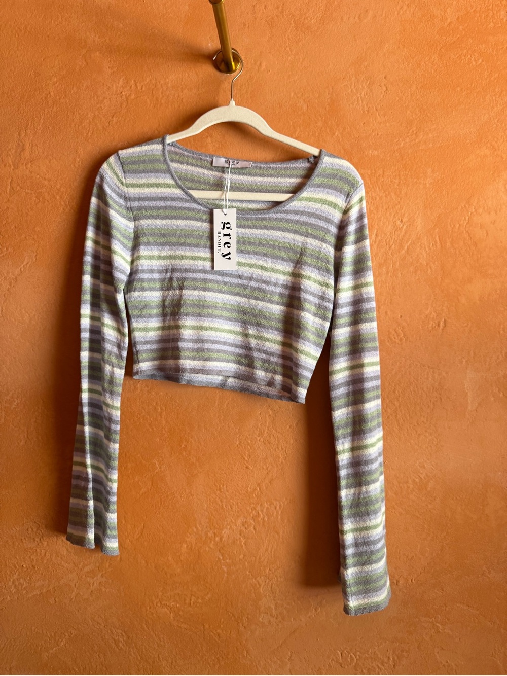 NWT Grey Bandit Striped Knit Crop Top Bell Sleeve Small